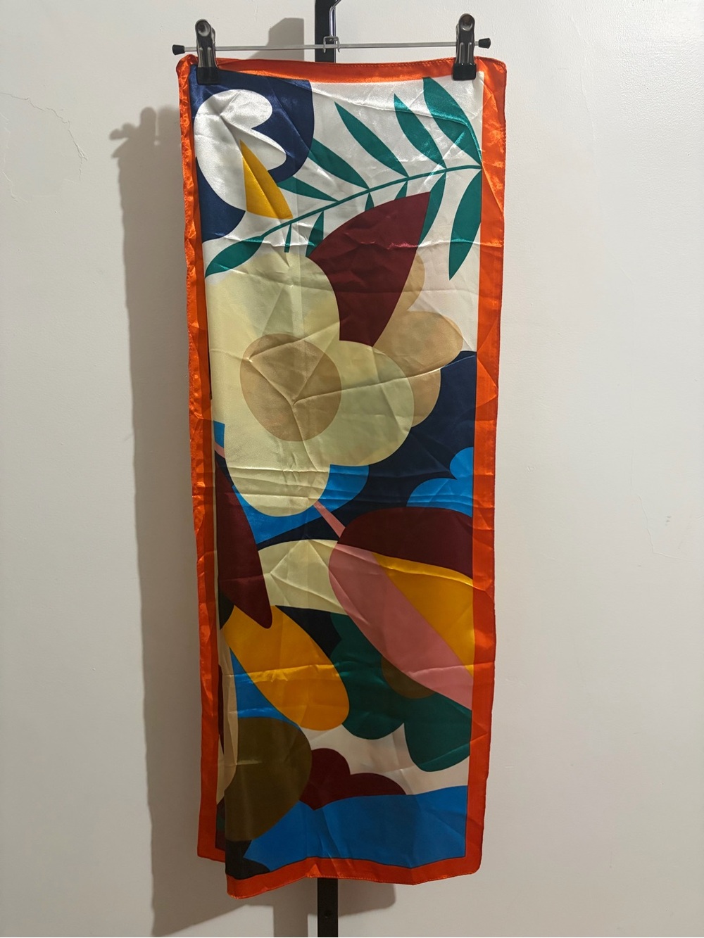 Colorful Abstract Floral Silk feeling Scarf with Orange Border